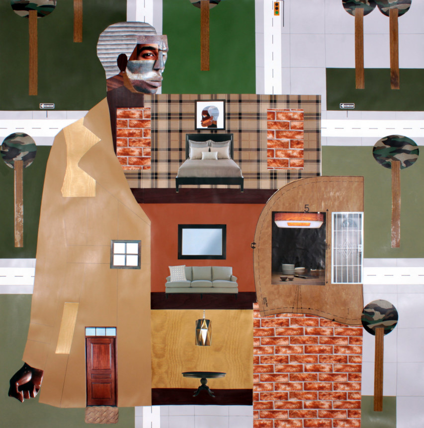 Open House, 2014, Mixed media collage on paper, 50 x 50 inches.