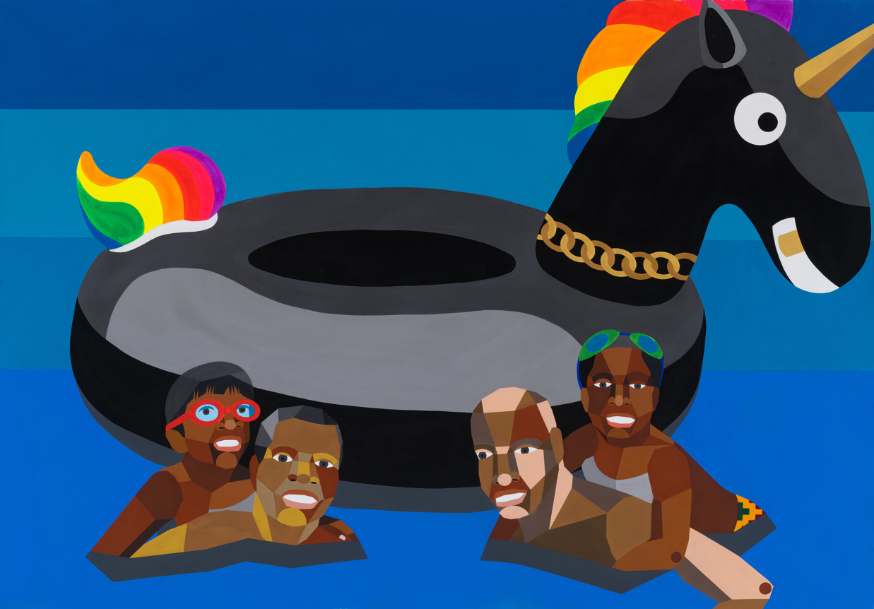 Derrick Adams. Floater 94, 2020.&nbsp;Acrylic paint and fabric on paper, 50 x 72 inches.&nbsp;