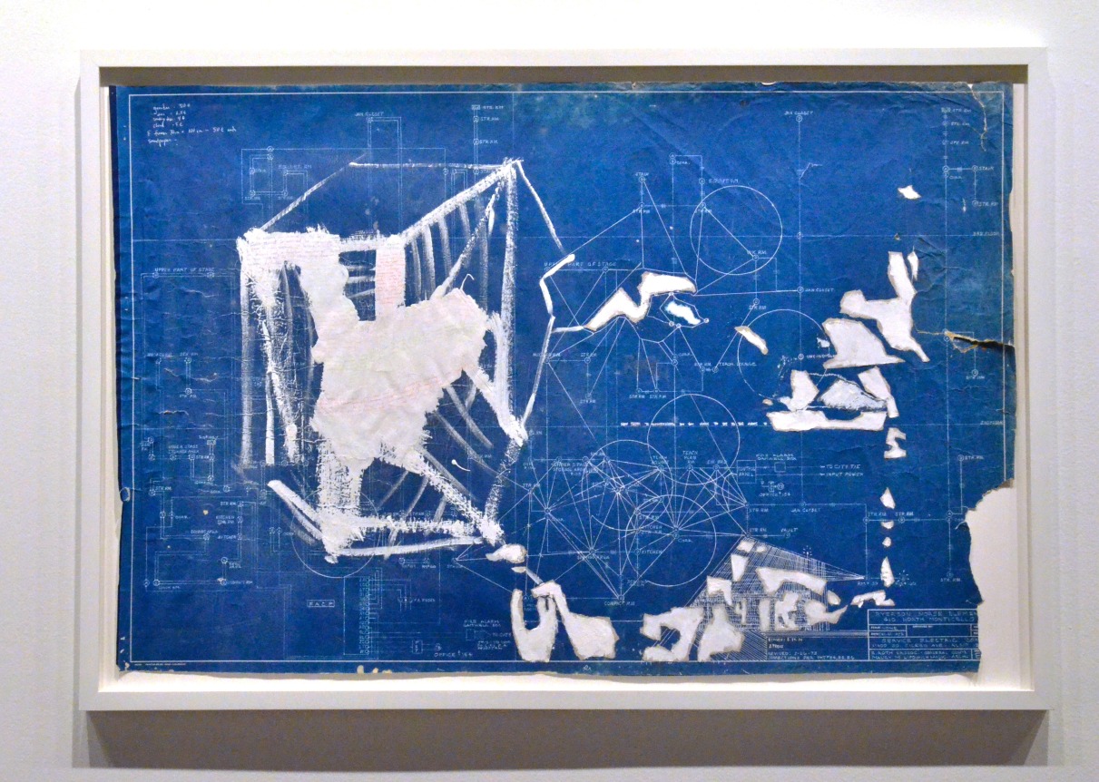 Oracle 2, 2014.&nbsp;Mixed media on retired CPS Blueprint, 26.25 x 38.25 inches, framed.