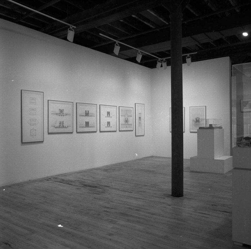Installation view at Rhona Hoffman Gallery, Thomas Beeby, Helmut Jahn, George Ranalli, Stanley Tigerman, The Architectural Process: Plans, Models, Drawings, 1980