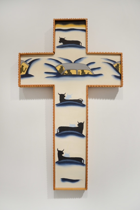Roger Brown, Blizzard Crucifix, 1975. Oil on canvas with artist frame, 30.25 x 18 inches.