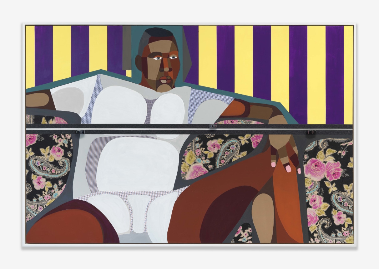 Derrick Adams,&nbsp;Figure&nbsp;in the Urban Landscape 29, 2019.&nbsp;, Acrylic, graphite, ink, fabric on paper, grip tape, model cars on wood panel.