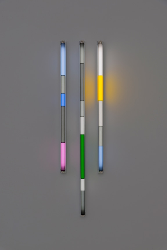 Spencer Finch.&nbsp;Haiku (Summer),&nbsp;2020. 3 fluorescent fixtures and filters, 48 x 16 inches.