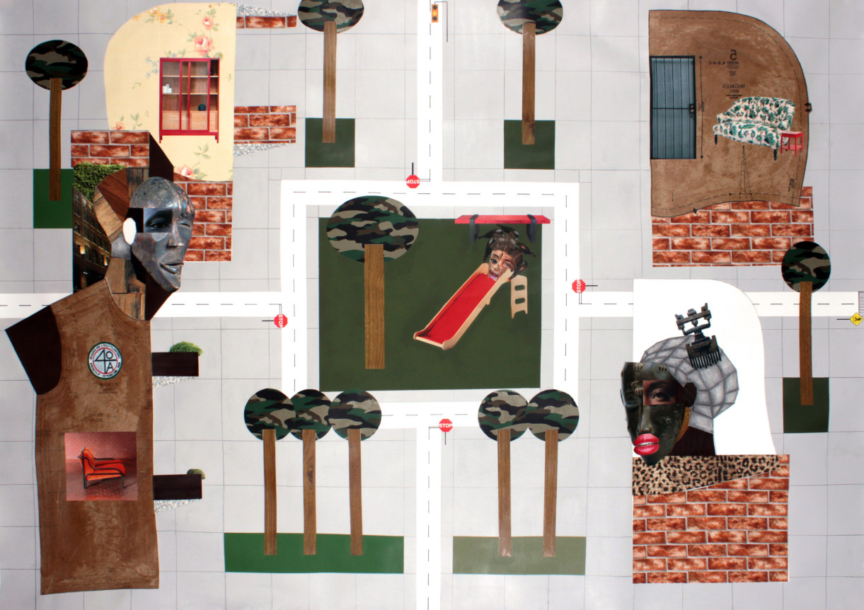 Safe Place to Play, 2014, Mixed media collage on paper, 50 x 72 inches.&nbsp;