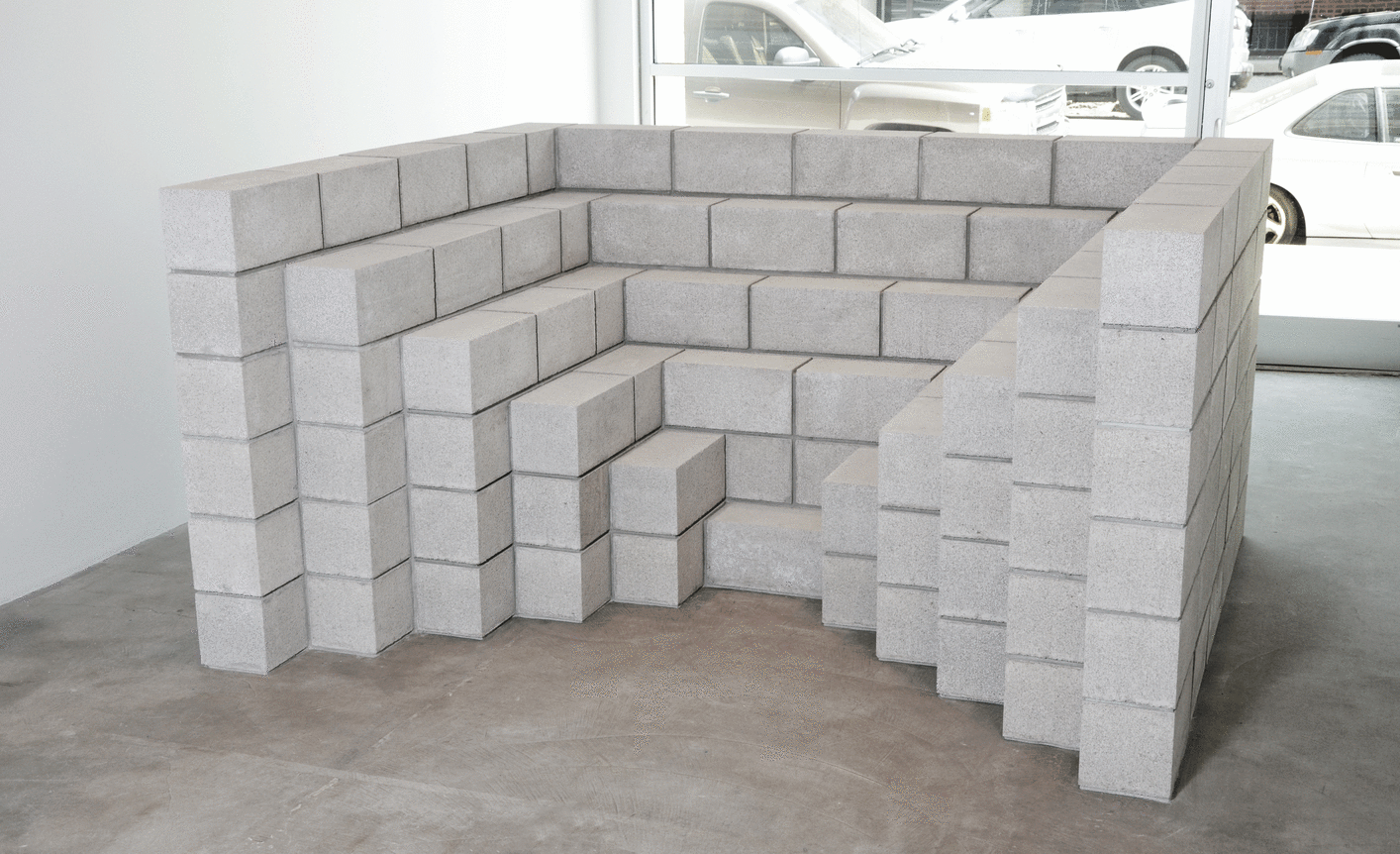 Installation view at Rhona Hoffman Gallery, Sol LeWitt and Fred Sandback, Concrete Block Stucture and Sculptures, 2013