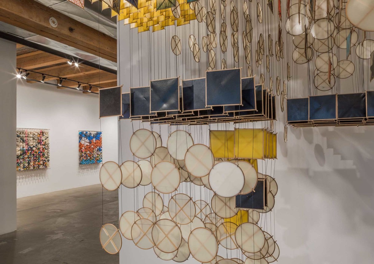 Installation view at Rhona Hoffman Gallery/Jacob Hashimoto/The Dark Isn't The Thing To Worry About/2017