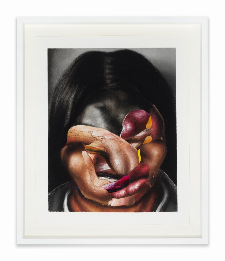 Screw-face, 2020.&nbsp; Black charcoal, gouache, soft pastel, oil pastel, oil paint, paint stick on Coventry vellum paper, 16 x 13 inches.&nbsp;&nbsp;