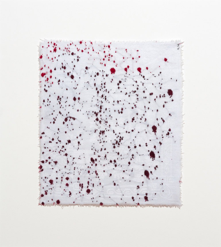 Anne Wilson. Material Drawing no. 4.16, 2018-2020. Damask cloth, ink, thread, 19.5 x 17.5 x 1.5 inches (framed).