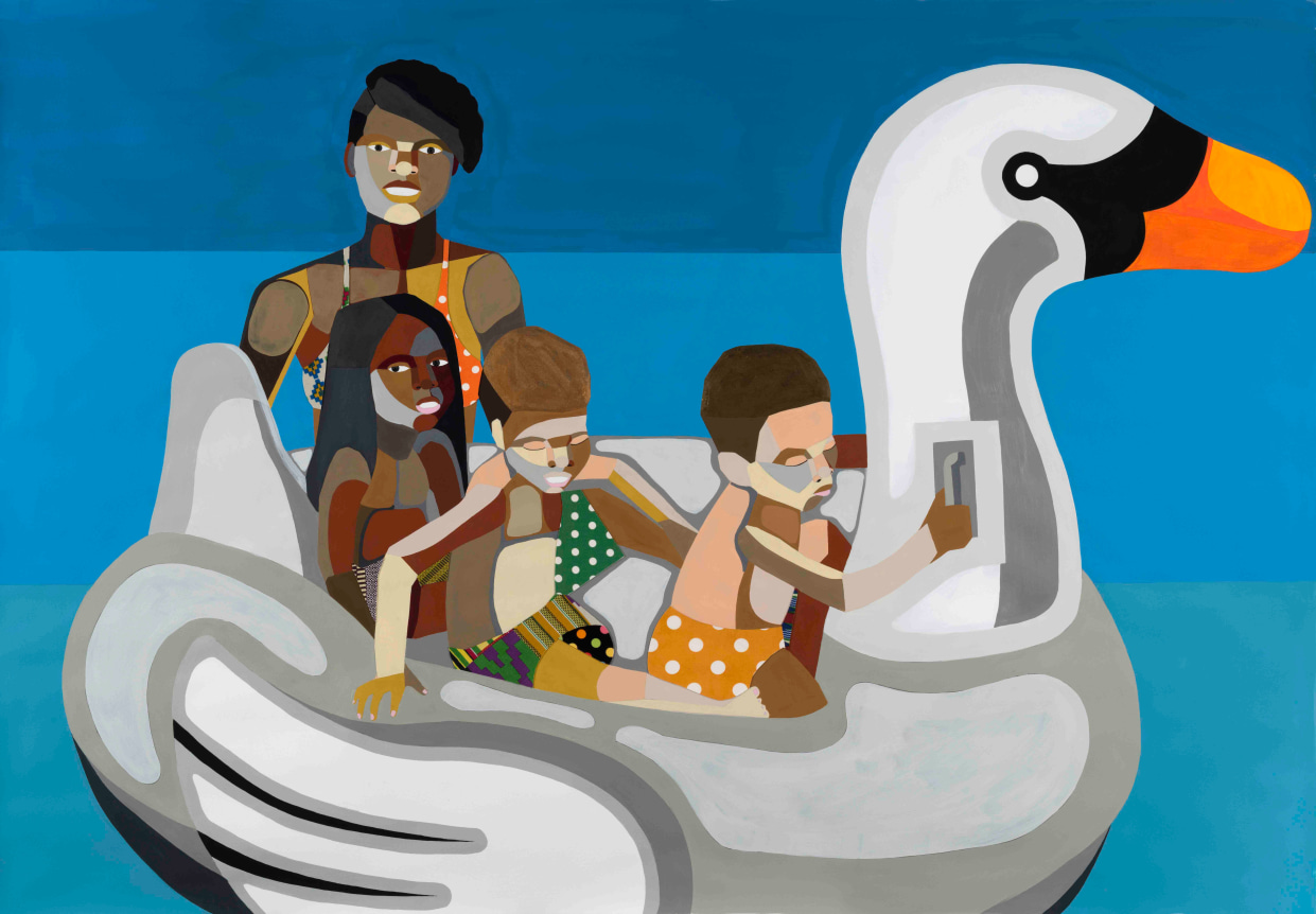 Derrick Adams,&nbsp;Floater 78, 2018. Acrylic paint, graphite and fabric on paper, 53.75 x 76 inches, framed.