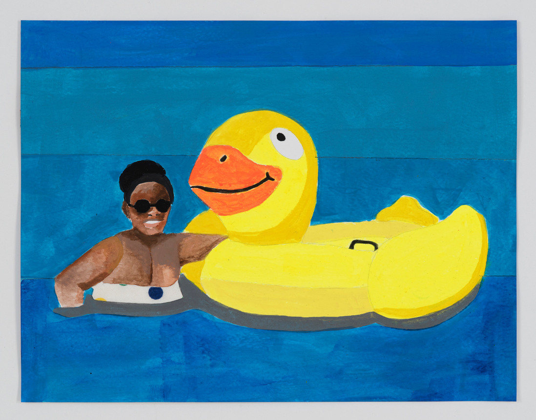 Derrick Adams.&nbsp;Petite Floater 27, 2020. Watercolor, ink, and printed vinyl shelf liner on watercolor paper, 8.5 x 11 inches.&nbsp;