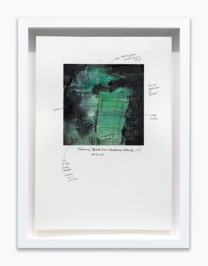 Amanda Williams.&nbsp;What black is this you say?&mdash;&ldquo;You thought getting Obama elected meant you could take a break from blackness&rdquo;&mdash;black (study for 08.09.20),&nbsp;2020. Watercolor on paper, 7 x 10 inches.&nbsp;