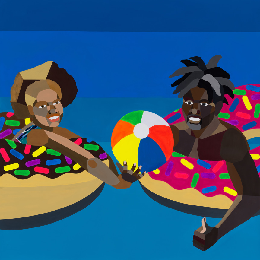 Derrick Adams. Floater 96, 2020.&nbsp;Acrylic paint and fabric on paper,&nbsp;50 x 50 inches.&nbsp;