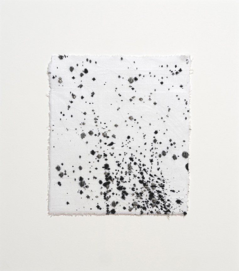 Anne Wilson. Material Drawing no. 4.9, 2018-2020. Damask cloth, ink, thread, metal, 17.5 x 15.5 x 1.5 inches (framed).