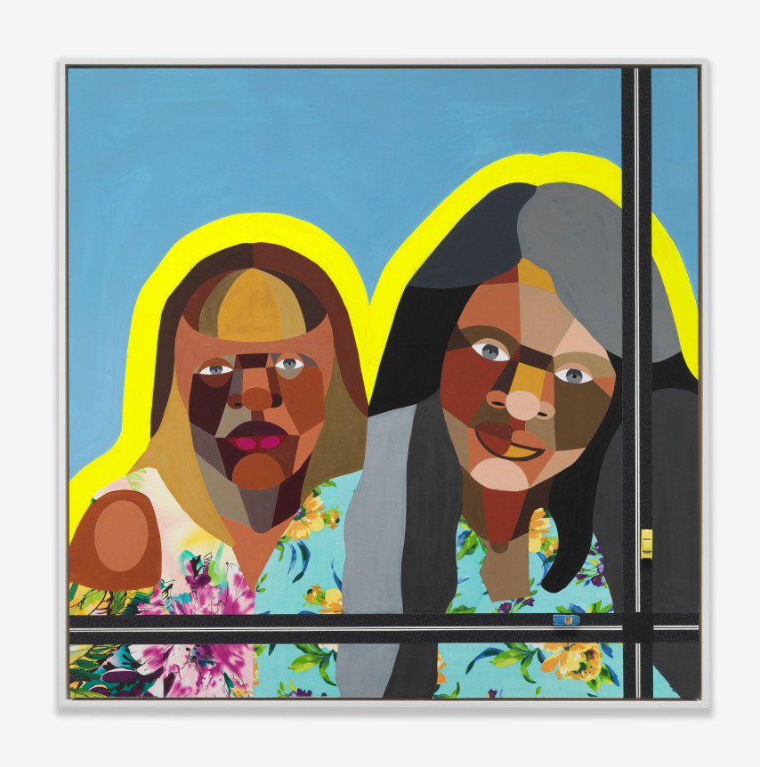 Derrick Adams,&nbsp;Figure&nbsp;in the Urban Landscape 33, 2019.&nbsp;, Acrylic, graphite, ink, fabric on paper, grip tape, model cars on wood panel.