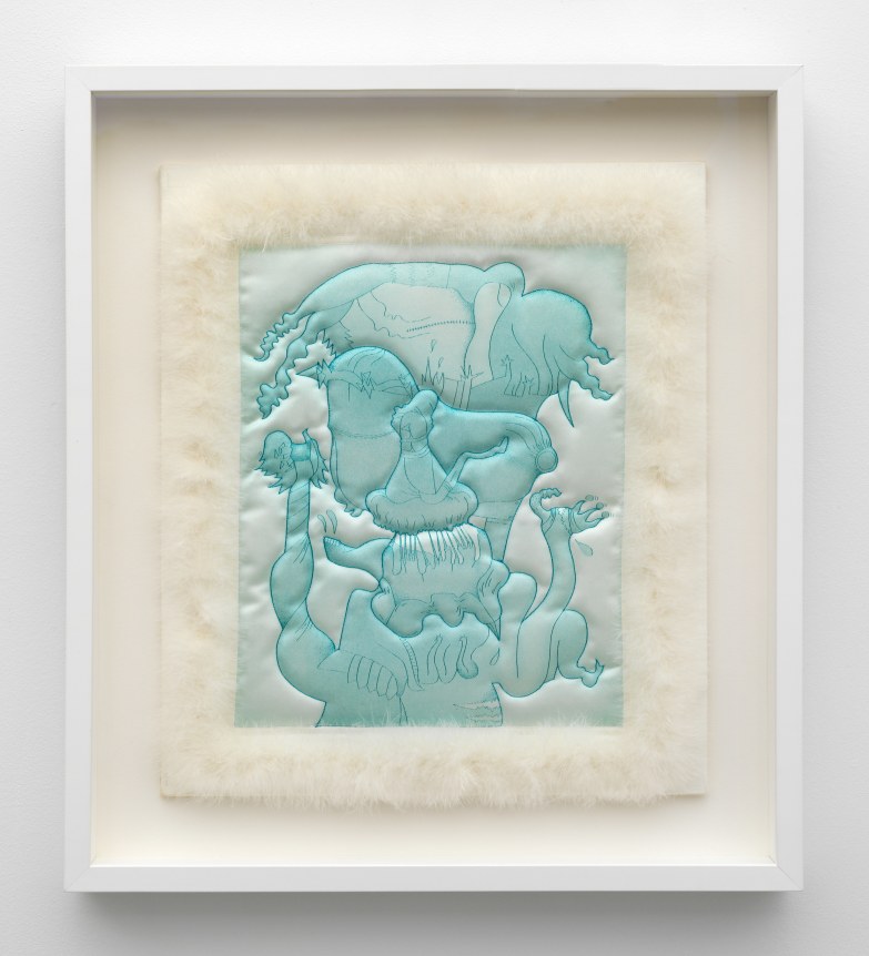 Barbara Rossi, Feather Picture, 1971. Color etching and aquatint on white satin with feathers, 23 x 20.5 inches.