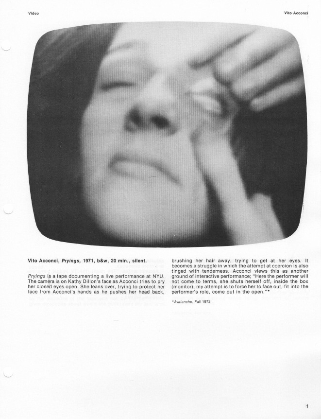 Vito Acconci, Pryings, 1971 on page 1 in Castelli &ndash; Sonnabend Videotapes and Films