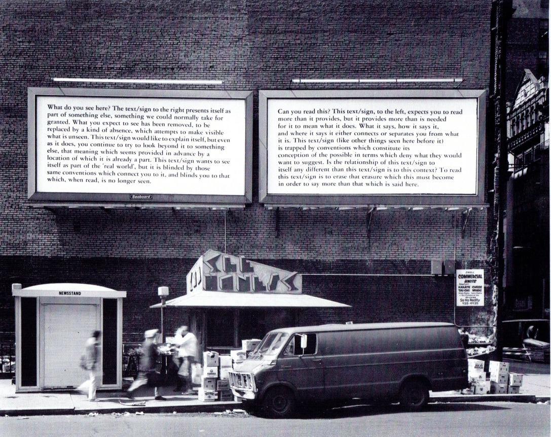 Installation view, Joseph Kosuth: Text / Context: (New York) Billboard Houston and Broadway, 420 WEST BROADWAY