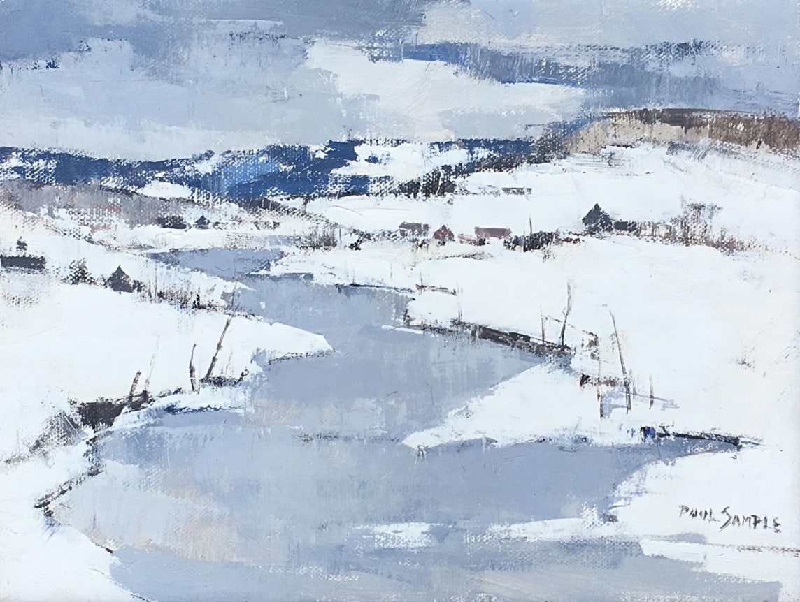 Image of acrylic painting by Paul Sample entitled "River Valley" showing a river running through a snowy landscape.