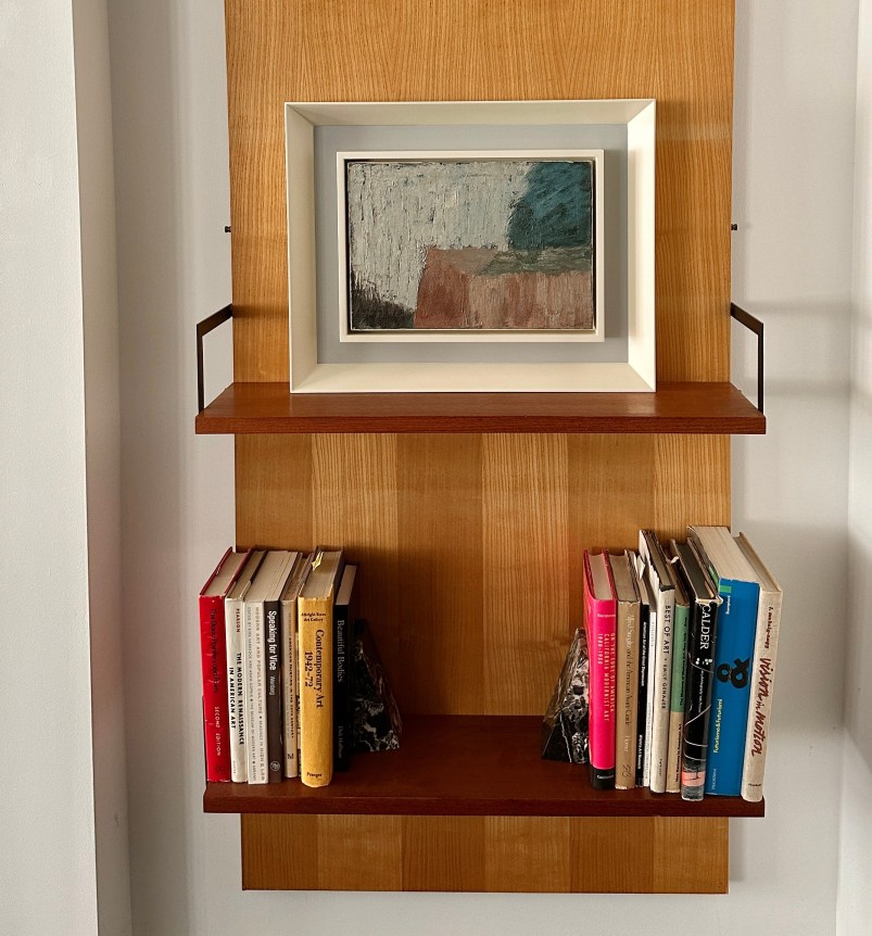 Image of abstract painting entitled Composition by Robert Colescott, on bookshelf.
