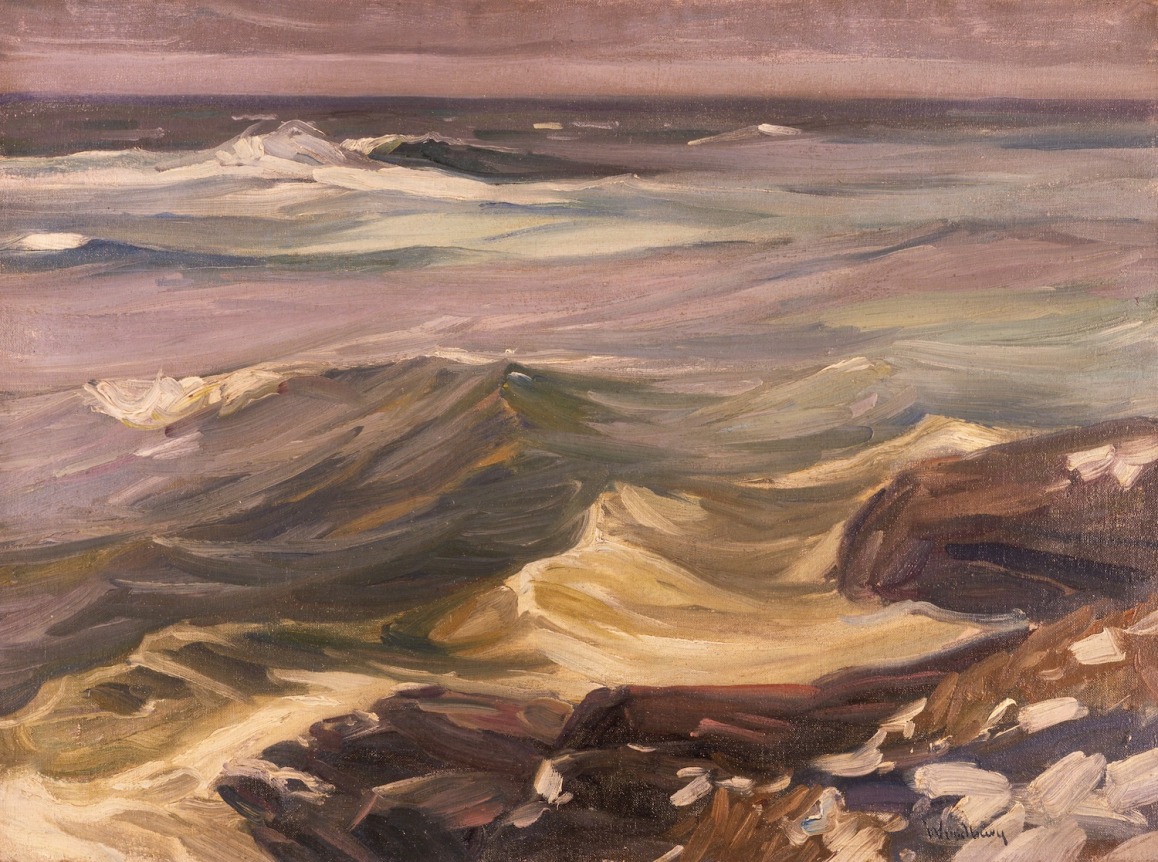 Sold oil painting of waves and rocks by Charles Herbert Woodbury.