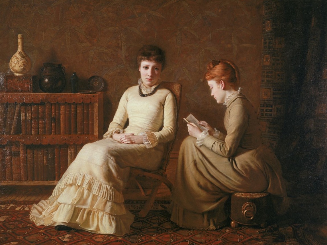 Image of sold painting by Oliver Ingraham Lay depicting two seated women in a library room with one reading to the other.