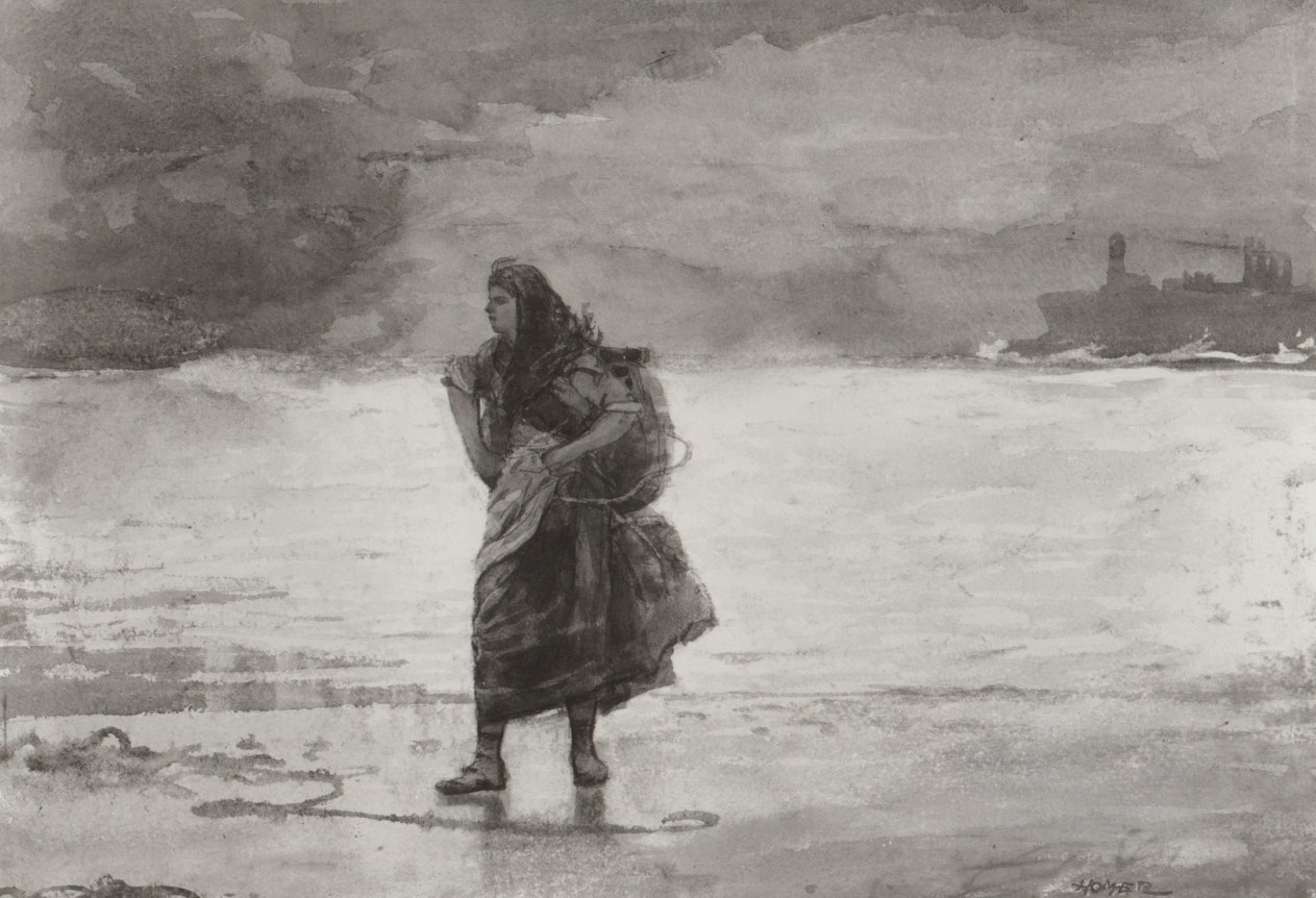 Image of sold watercolor painting by Winslow Homer showing a fisherwoman in Tynemouth along the sea.