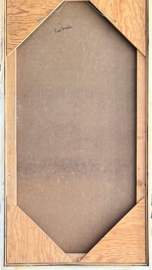 Image of verso of untitled (015) abstract painting by Fred Martin in multiple colors outlined in black.