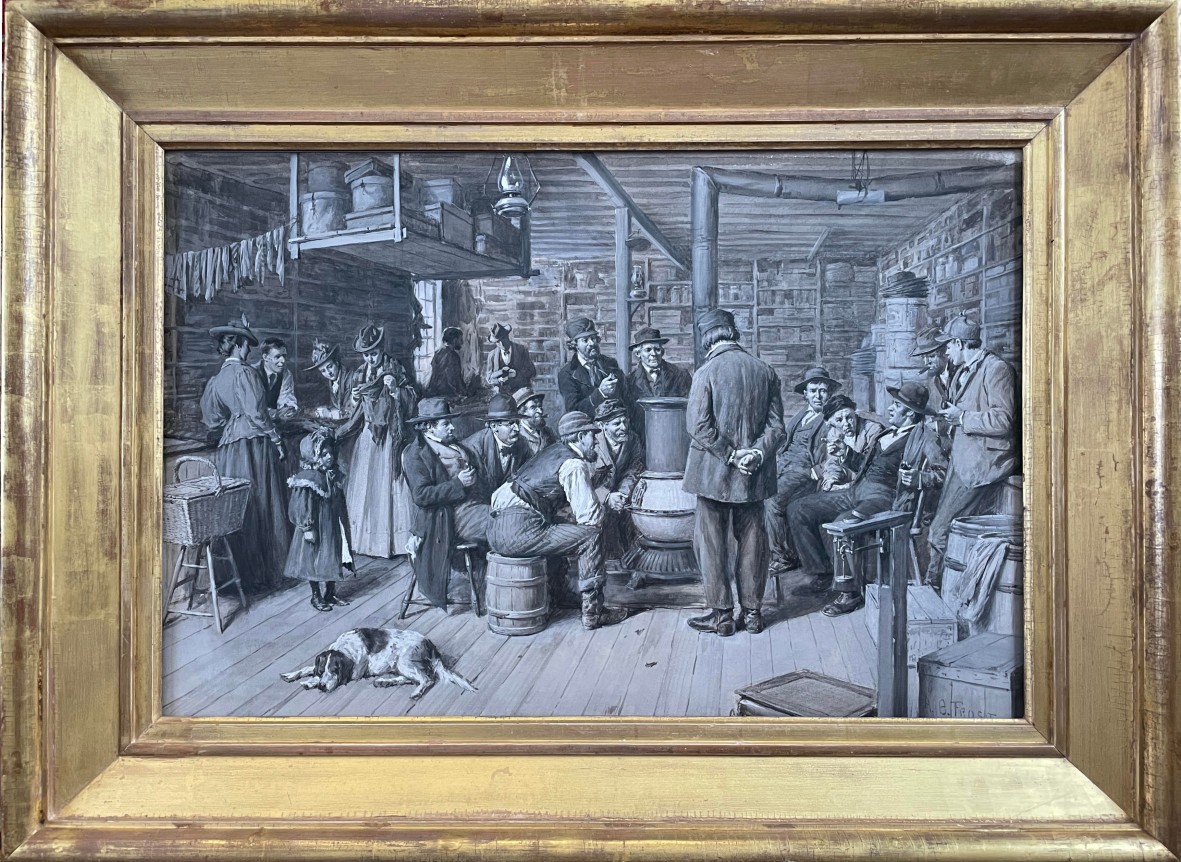 Gold painted frame of "The Country Store as a Social Centre" painting by A.B. Frost.