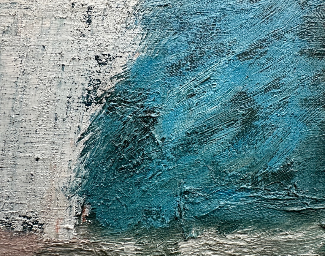 Closeup image of detail on abstract painting entitled Composition by Robert Colescott, in white, blue, black and brick.