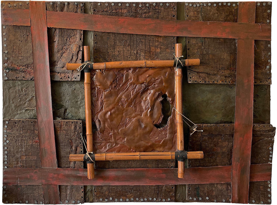 Image of mixed media 1973 artwork entitled &quot;Yangtze&quot; 1973 by artist Stephen Buckley made of brown oil paint, nails, iron fillings, string, bamboo, canvas and other materials.