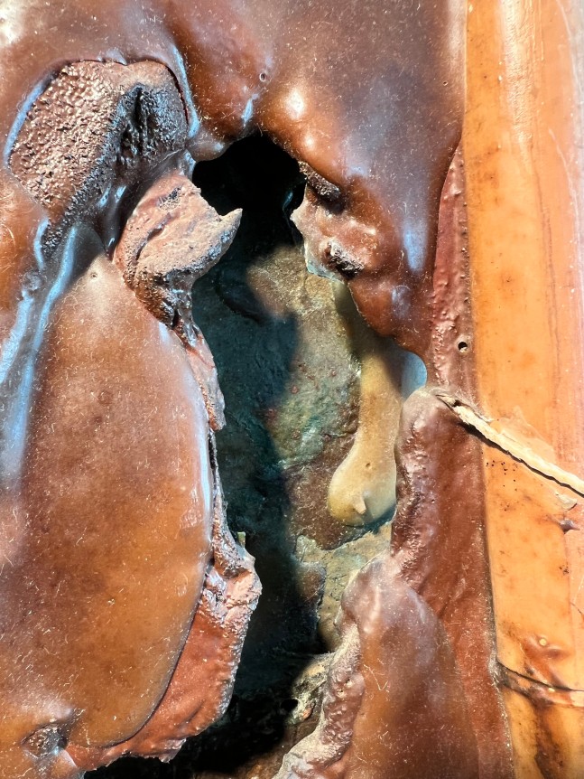 Image of mixed media 1973 artwork entitled Closeup image detail of &quot;Yangtze&quot; 1973 by artist Stephen Buckley made of brown oil paint, nails, iron fillings, string, bamboo, canvas and other materials.