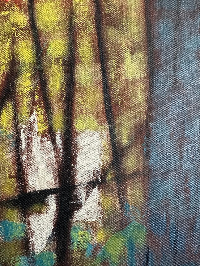 Image of detail of &quot;Transition&quot; abstract oil painting by Joseph Meert in muted reds, blues, yellows and other colors.