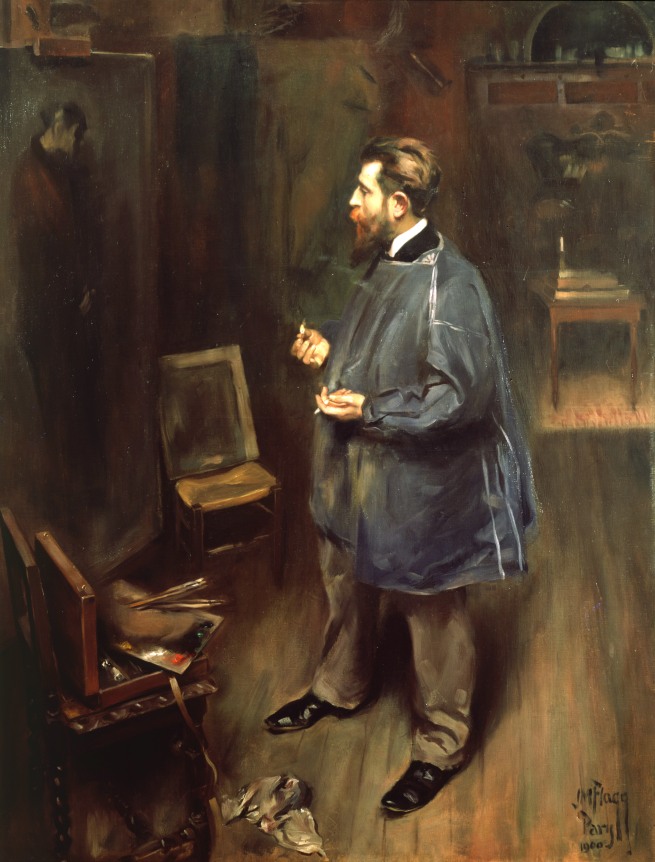 Image of sold oil painting by James Montgomery Flagg entitled &quot;Portrait of Victor Marek&quot; showing a bearded artist at work in his studio wearing a blue smock.