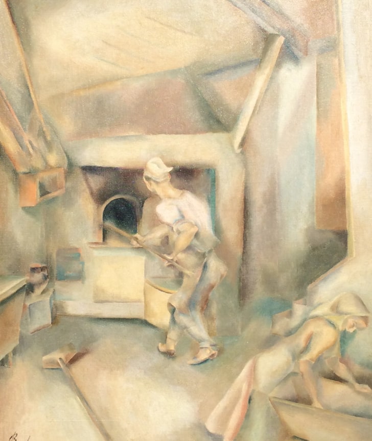 Image of John Barber's cubist oil painting titled "Bread Bakers" showing a man and woman preparing and baking bread.