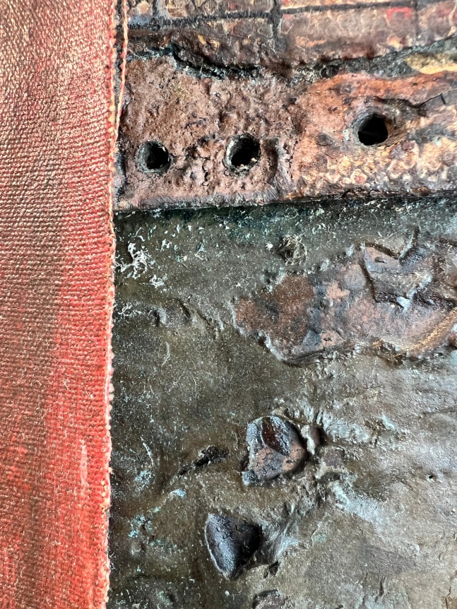 Image of mixed media 1973 artwork entitled Closeup image detail of &quot;Yangtze&quot; 1973 by artist Stephen Buckley made of brown oil paint, nails, iron fillings, string, bamboo, canvas and other materials.