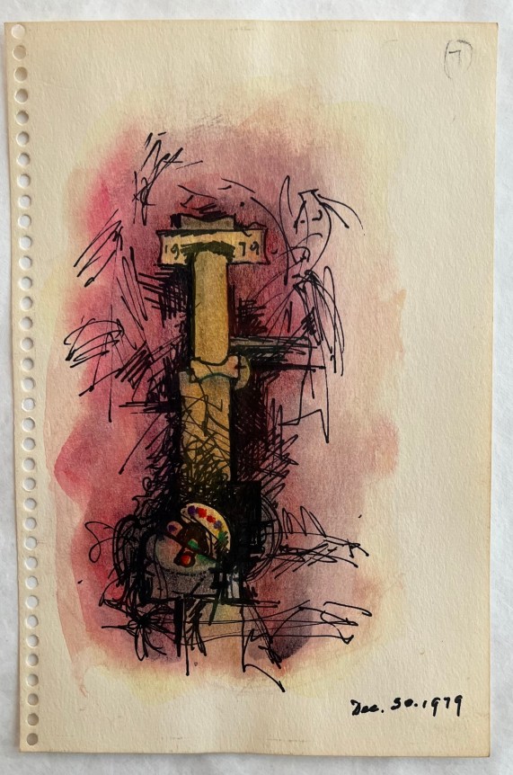 Image of full sheet of untitled (147) by Hans Burkhardt, showing an abstract architectural element dated 1979.