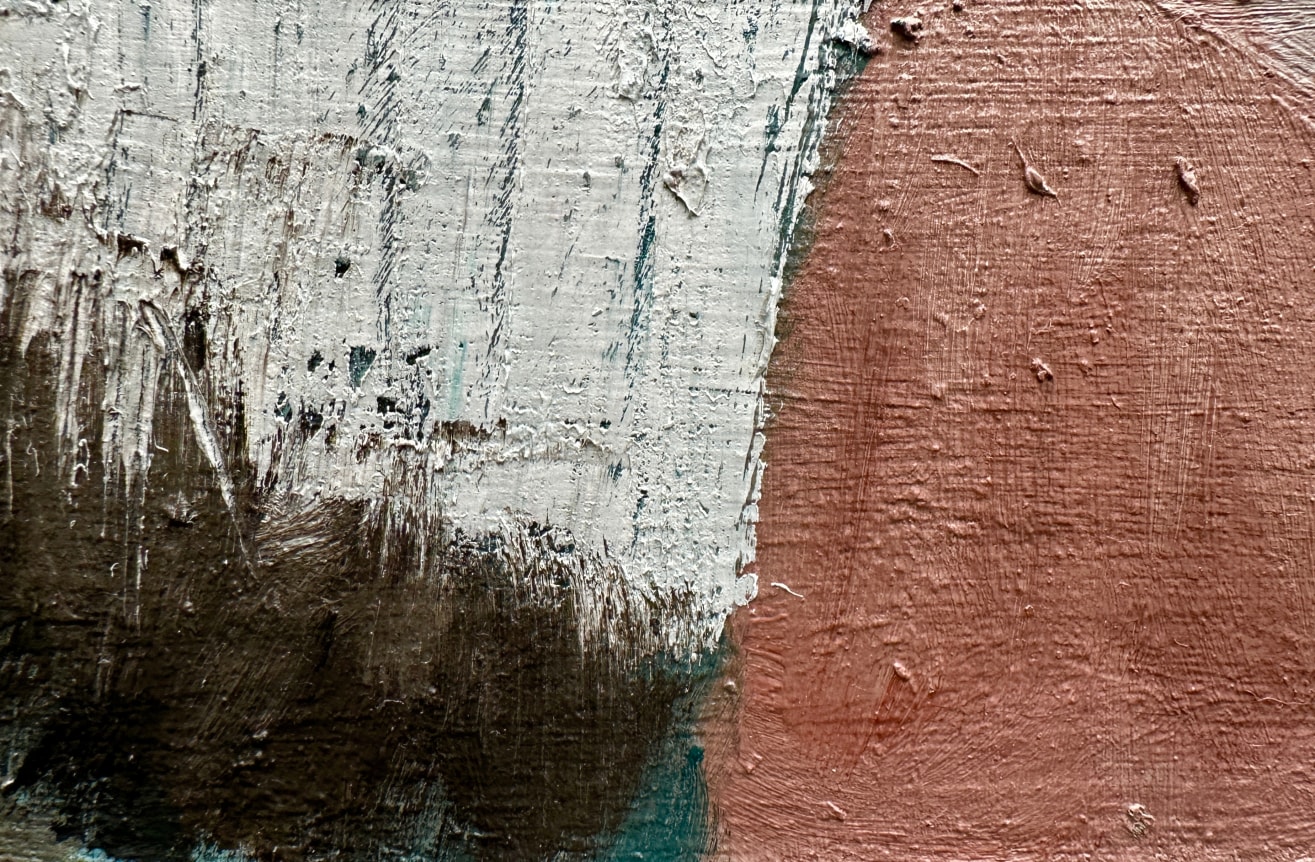Closeup image of detail on abstract painting entitled Composition by Robert Colescott, in white, blue, black and brick.
