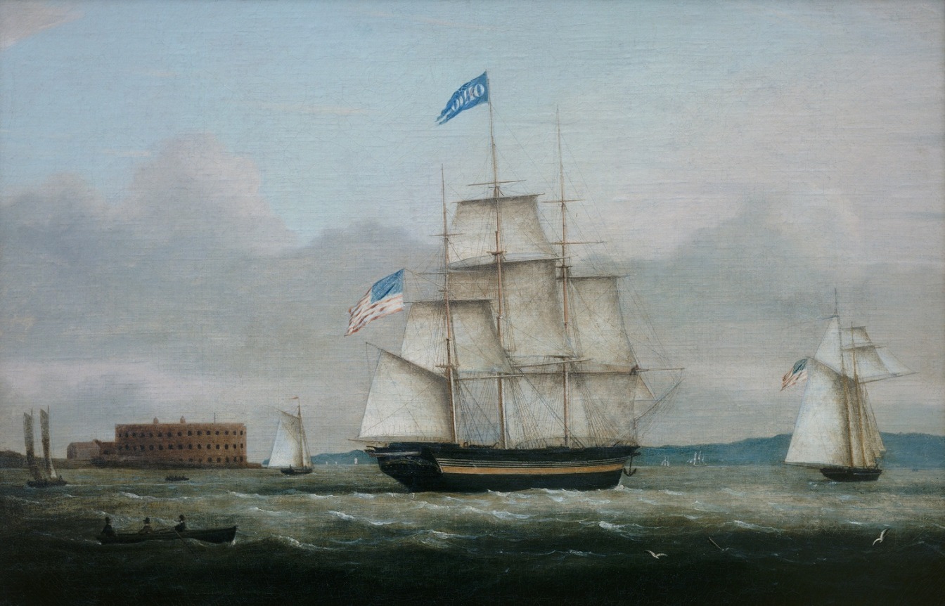 Image of sold oil painting of the ship Ohio II at sale in a harbor with other boats by James Pringle.