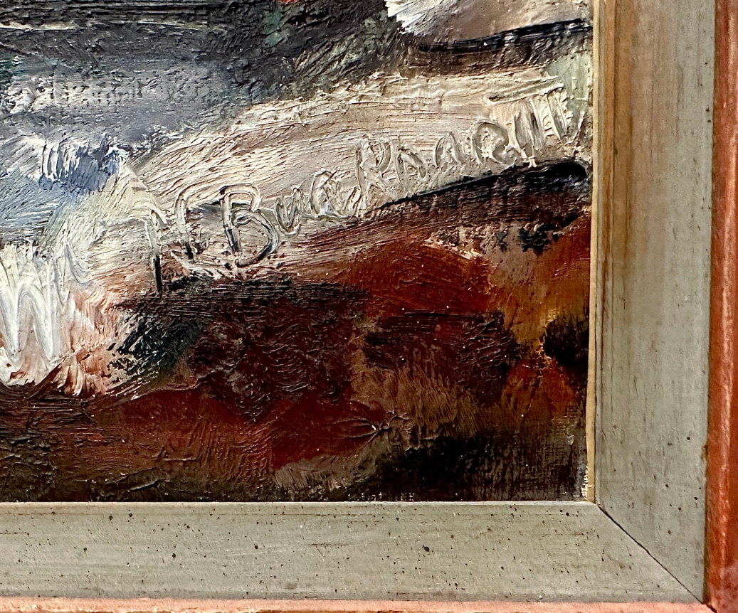 Image of artist's signature on Still Life painting of fruit and wine by Hans Burkhardt.