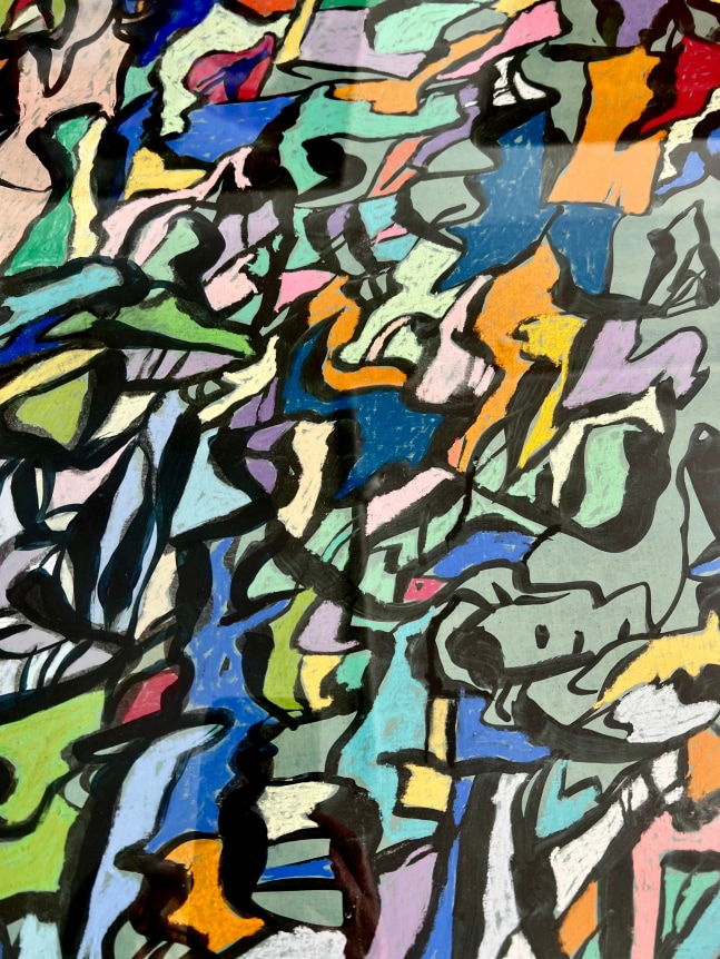 Image of detail on untitled (MaFr007) painting by Fred Martin in pastel and acrylic of greens, blues, oranges with many shapes outlined in black.