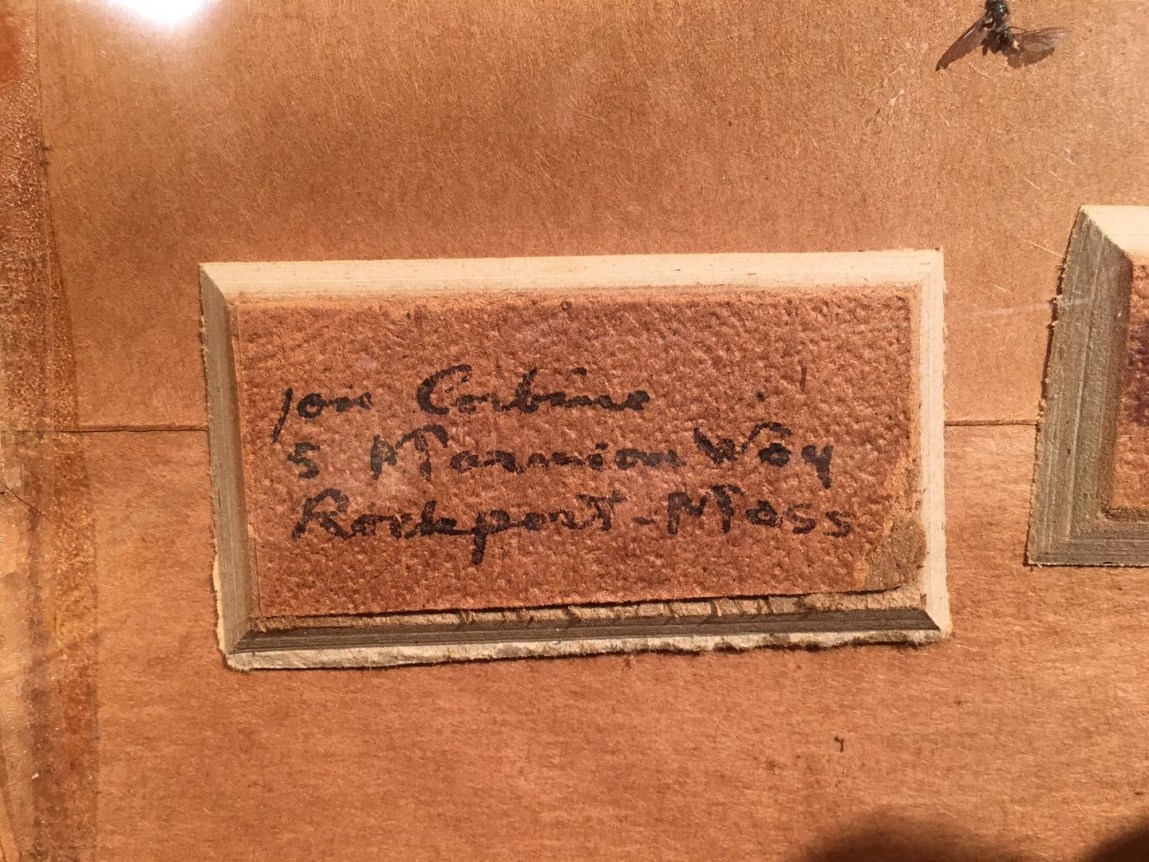 Image of Artist's name and address verso of &quot;Circus Jumpers No 2&quot; painting by Jon Corbino.