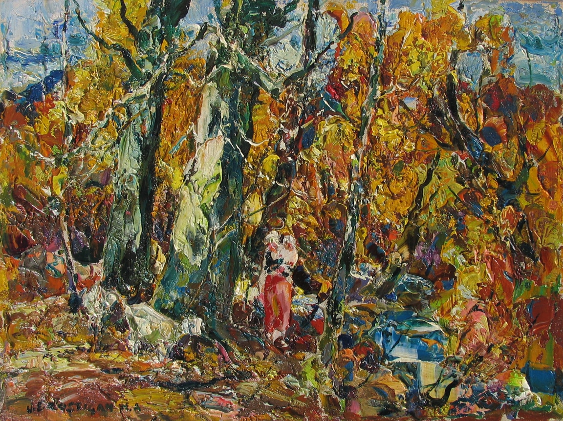 Image of sold oil painting entitled "Mother and Child" by John Costigan, circa 1955 oil painting showing an impressionistic fall landscape with a woman holding a child and some goats nearby.