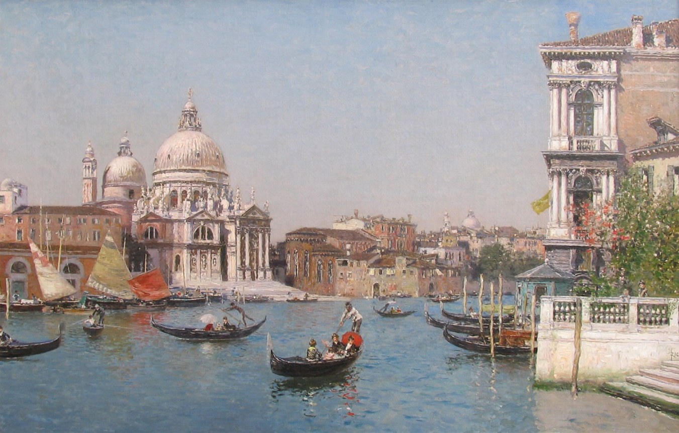 Image of sold oil painting showing Venetian canal scene with several gondolas in the water surrounded by elaborate buildings by the artistMartin Rico y Ortega.