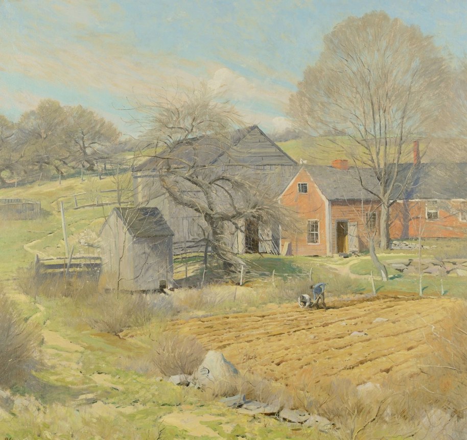 Image of oil painting by Ogden Pleissner entitled "The Red House" showing two men working in a field, with a barn and house in the background.