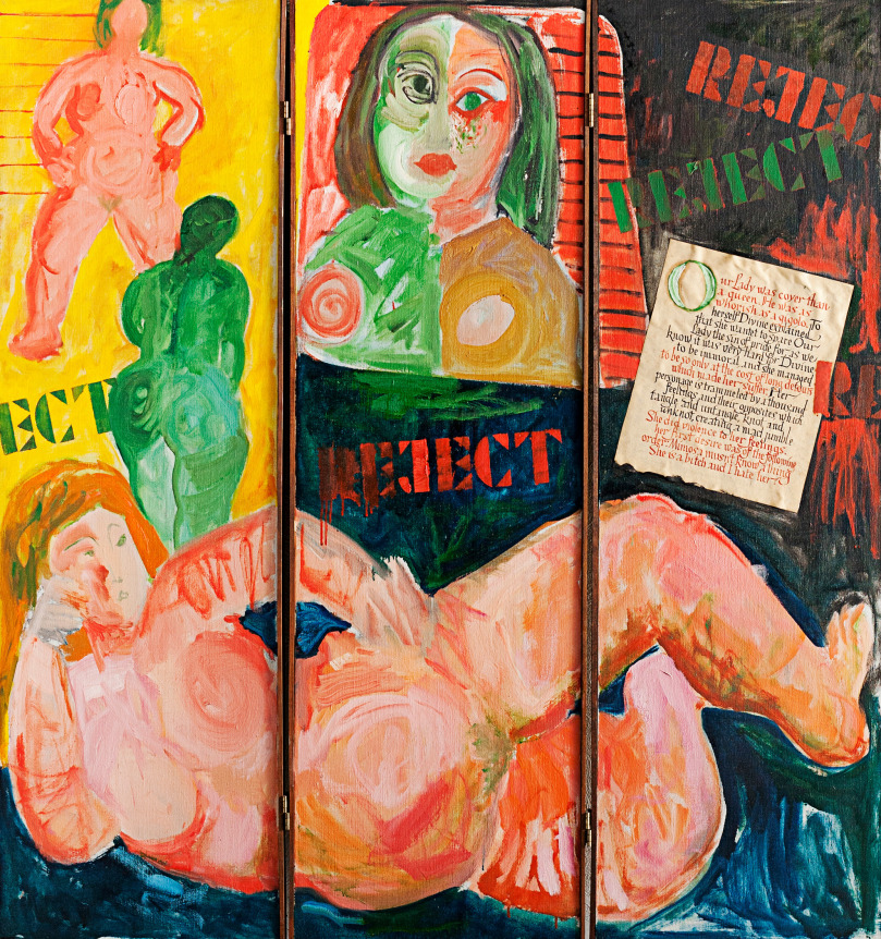 Image of a three segment oil and collage folding screen by Miriam Laufer entitled "Our Lady of the Flowers" showing several female figures, a poem and several stencils of the word "REJECT".