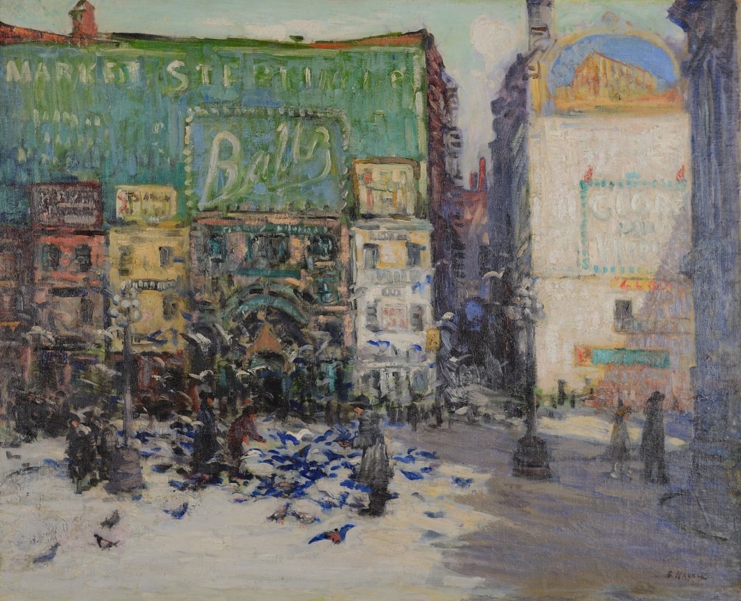 Image of sold oil painting of people feeding pigeons in Market Square, Philadelphia by Fred Wagner.