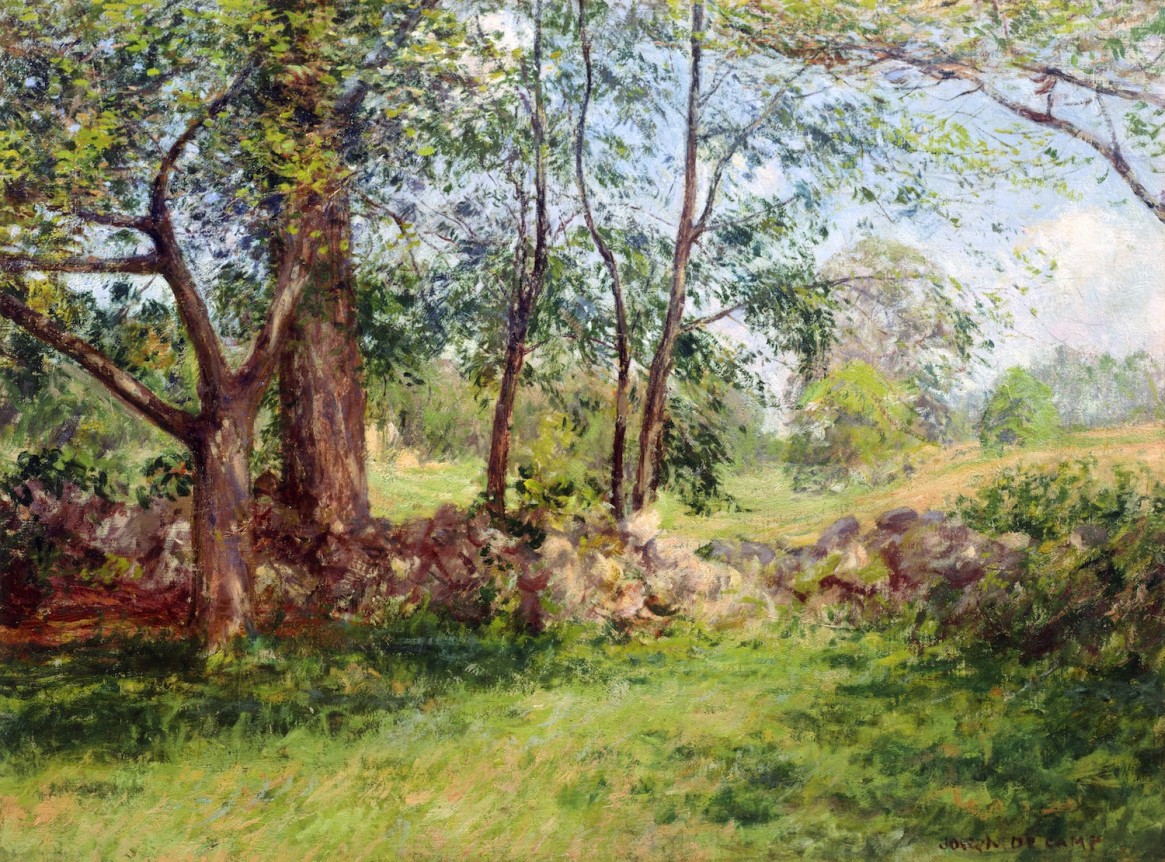 Image of sold oil painting of a wooded landscape next to a field sigh a stone wall by Joseph DeCamp.