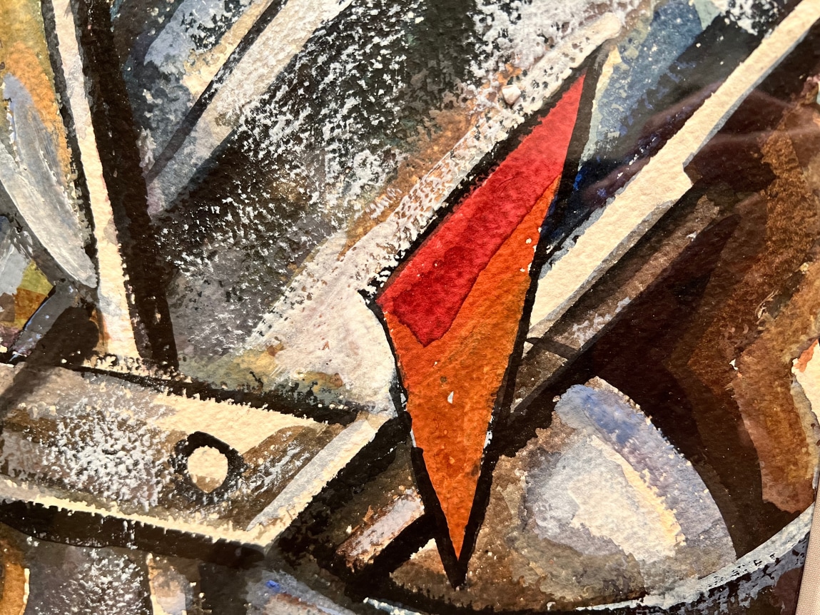 Closeup image of John Von Wicht's gouache abstract painting &quot;Conflict.&quot;