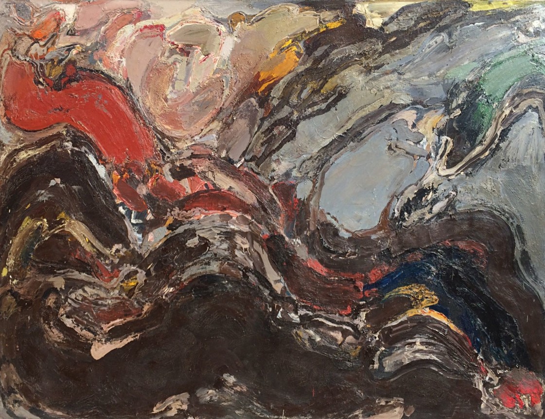Image of untitled abstract oil painting by Julius Hatofsky with browns, blacks, reds, grays, greens and cream colors.