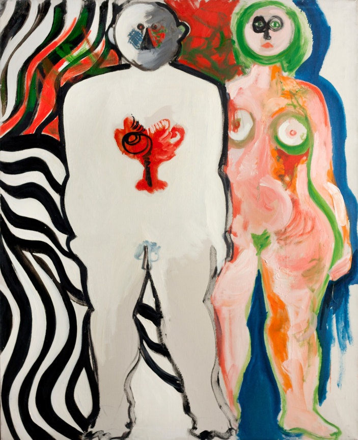 Image of untitled oil painting by Miriam Laufer showing two abstract nudes - a white male with a lobster red blob in the center of his chest and a pink and green female.